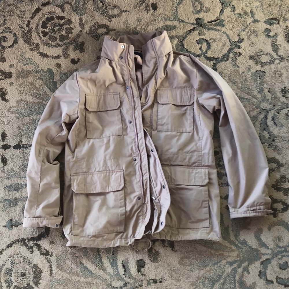 Tan cargo jacket with retractable hood